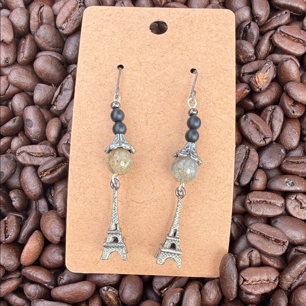 Paris Eiffel Tower Dangle Earrings in Silver and Gray